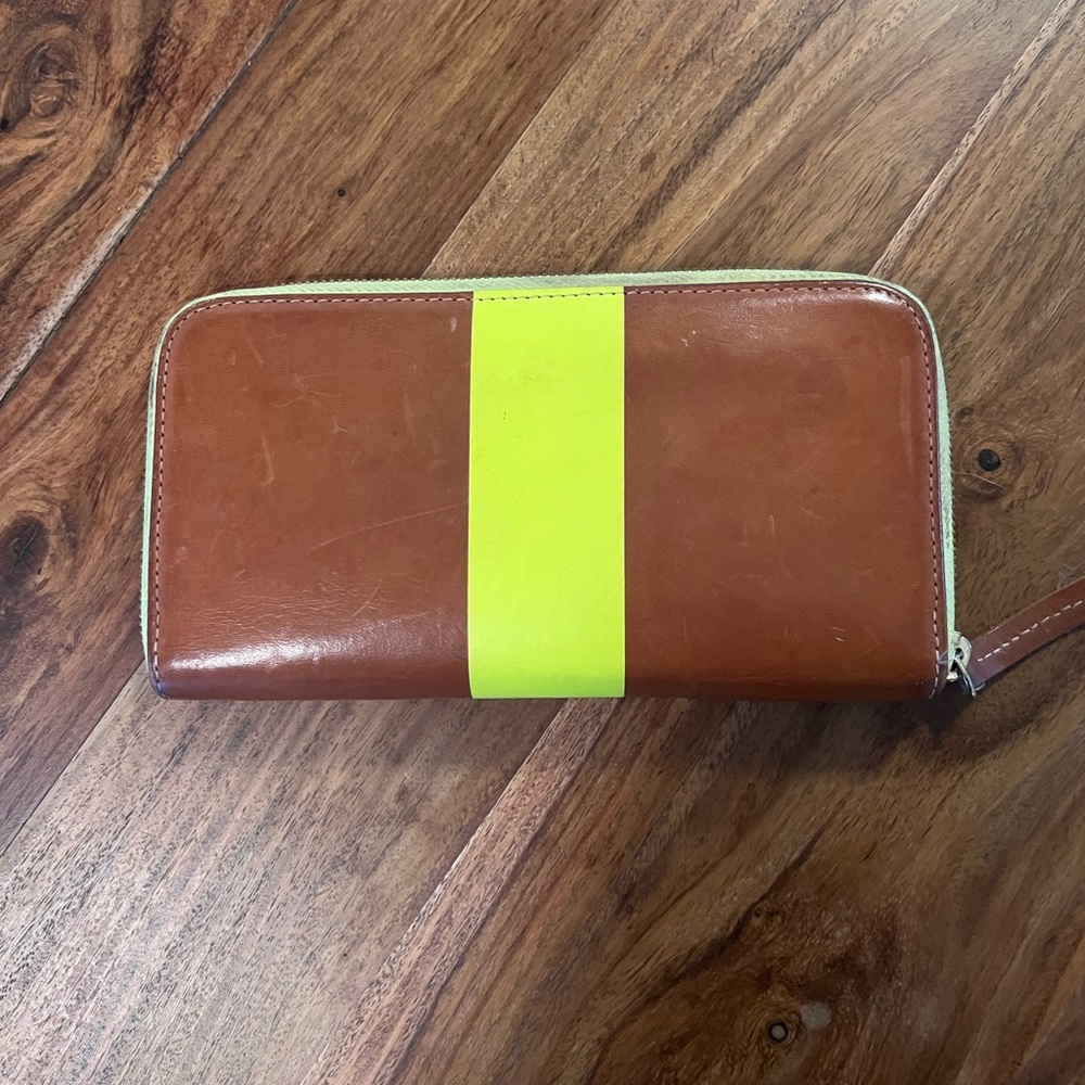 Clare V wallet fluorescent green and brown